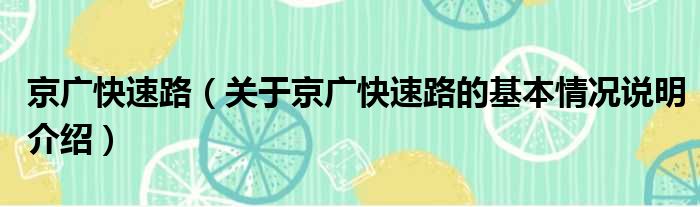 京广快速路（关于京广快速路的基本情况说明介绍）