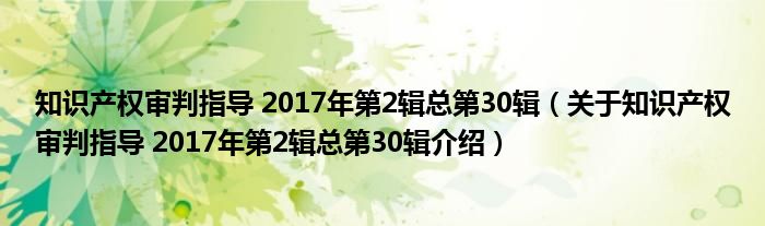  知识产权审判指导 2017年第2辑总第30辑（关于知识产权审判指导 2017年第2辑总第30辑介绍）