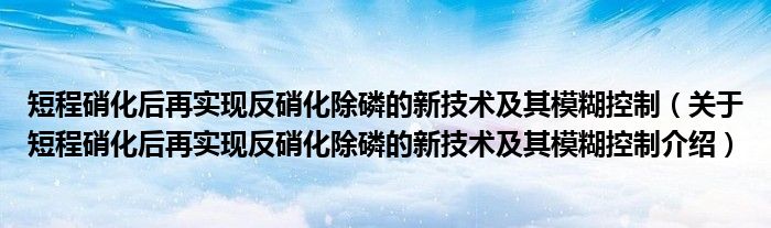  短程硝化后再实现反硝化除磷的新技术及其模糊控制（关于短程硝化后再实现反硝化除磷的新技术及其模糊控制介绍）