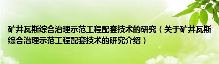  矿井瓦斯综合治理示范工程配套技术的研究（关于矿井瓦斯综合治理示范工程配套技术的研究介绍）