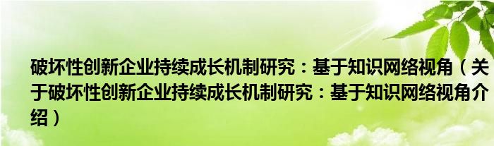  破坏性创新企业持续成长机制研究：基于知识网络视角（关于破坏性创新企业持续成长机制研究：基于知识网络视角介绍）