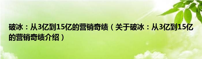  破冰：从3亿到15亿的营销奇绩（关于破冰：从3亿到15亿的营销奇绩介绍）