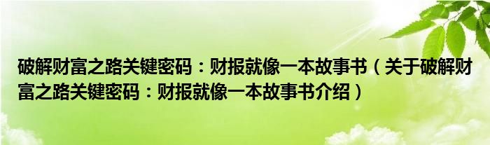  破解财富之路关键密码：财报就像一本故事书（关于破解财富之路关键密码：财报就像一本故事书介绍）