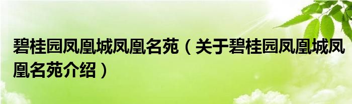  碧桂园凤凰城凤凰名苑（关于碧桂园凤凰城凤凰名苑介绍）