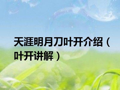 天涯明月刀叶开介绍（叶开讲解）