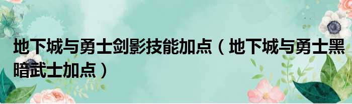 地下城与勇士剑影技能加点（地下城与勇士黑暗武士加点）