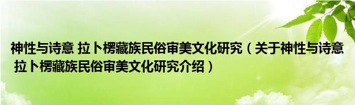  神性与诗意 拉卜楞藏族民俗审美文化研究（关于神性与诗意 拉卜楞藏族民俗审美文化研究介绍）