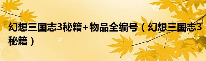  幻想三国志3秘籍+物品全编号（幻想三国志3秘籍）